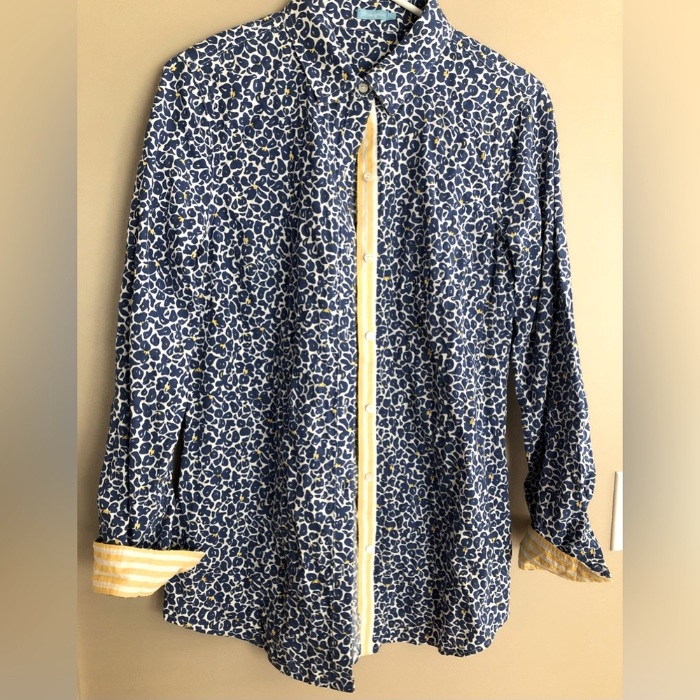 J McLAUGHLIN Blue White & Yellow Cotton Blouse  Size S